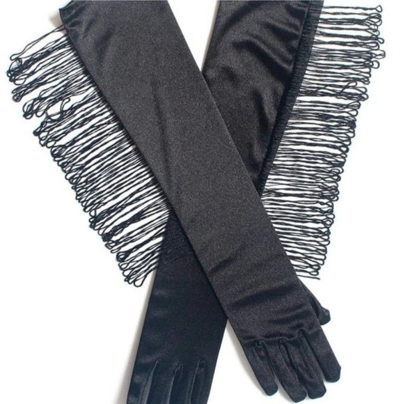 Tassel Fringed Full Finger Black Satin Gloves NEW - Picture 4 of 4